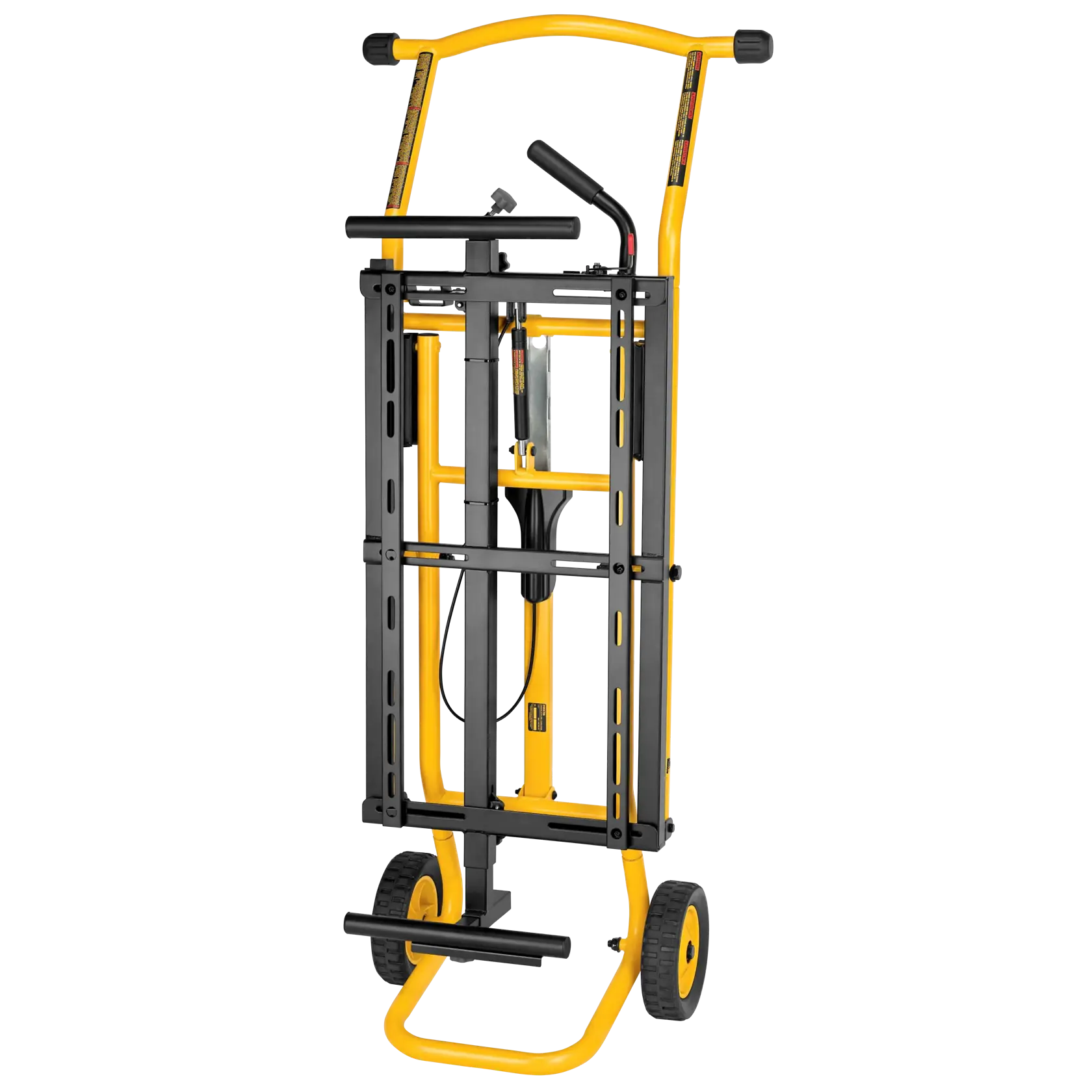 A DEWALT DWX726 yellow and black heavy-duty rolling stand for miter saws, shown in a folded upright position with two wheels.
