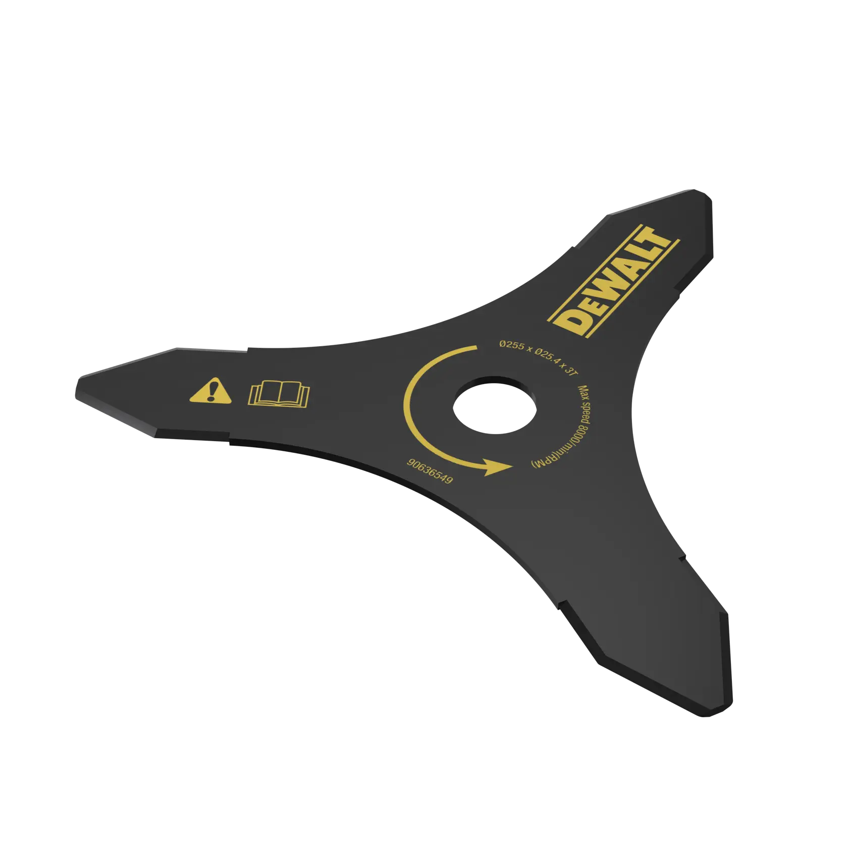 A three-pronged black metal cutting blade with a central hole, yellow DEWALT branding, and safety symbols. The blade is designed for use with a brush cutter or similar power tool.