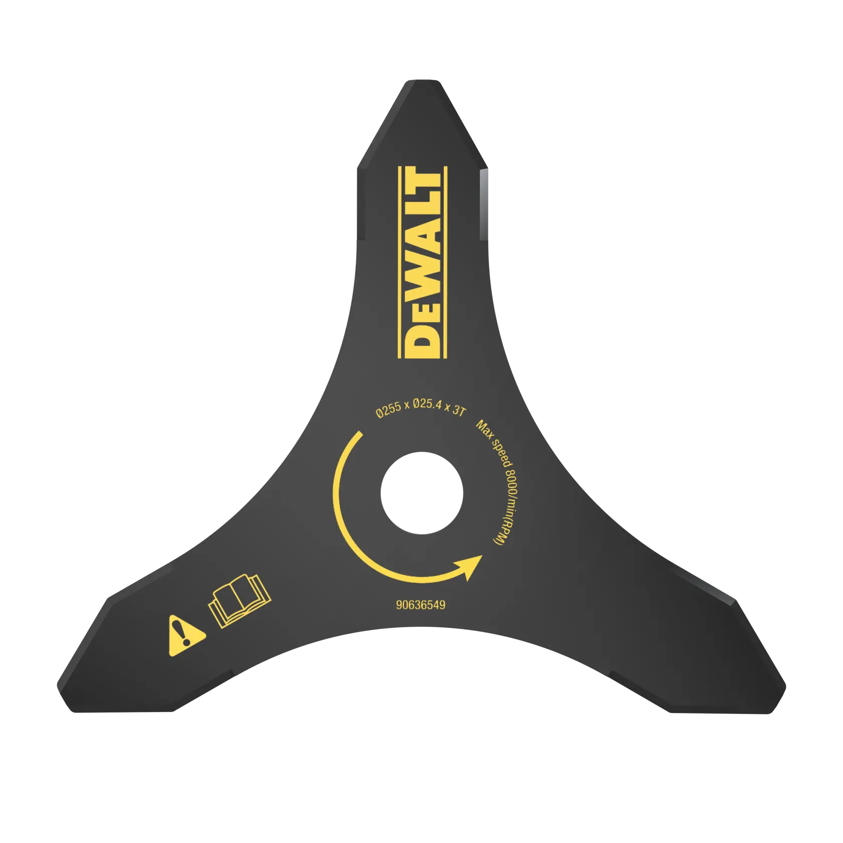 A DEWALT branded three-tooth brush cutter blade. The blade is triangular with three sharp edges and a central mounting hole. It is black with yellow labeling showing the DEWALT logo, safety icon, and specifications such as 255 x 25.4 x 3T and max speed 8000/min.