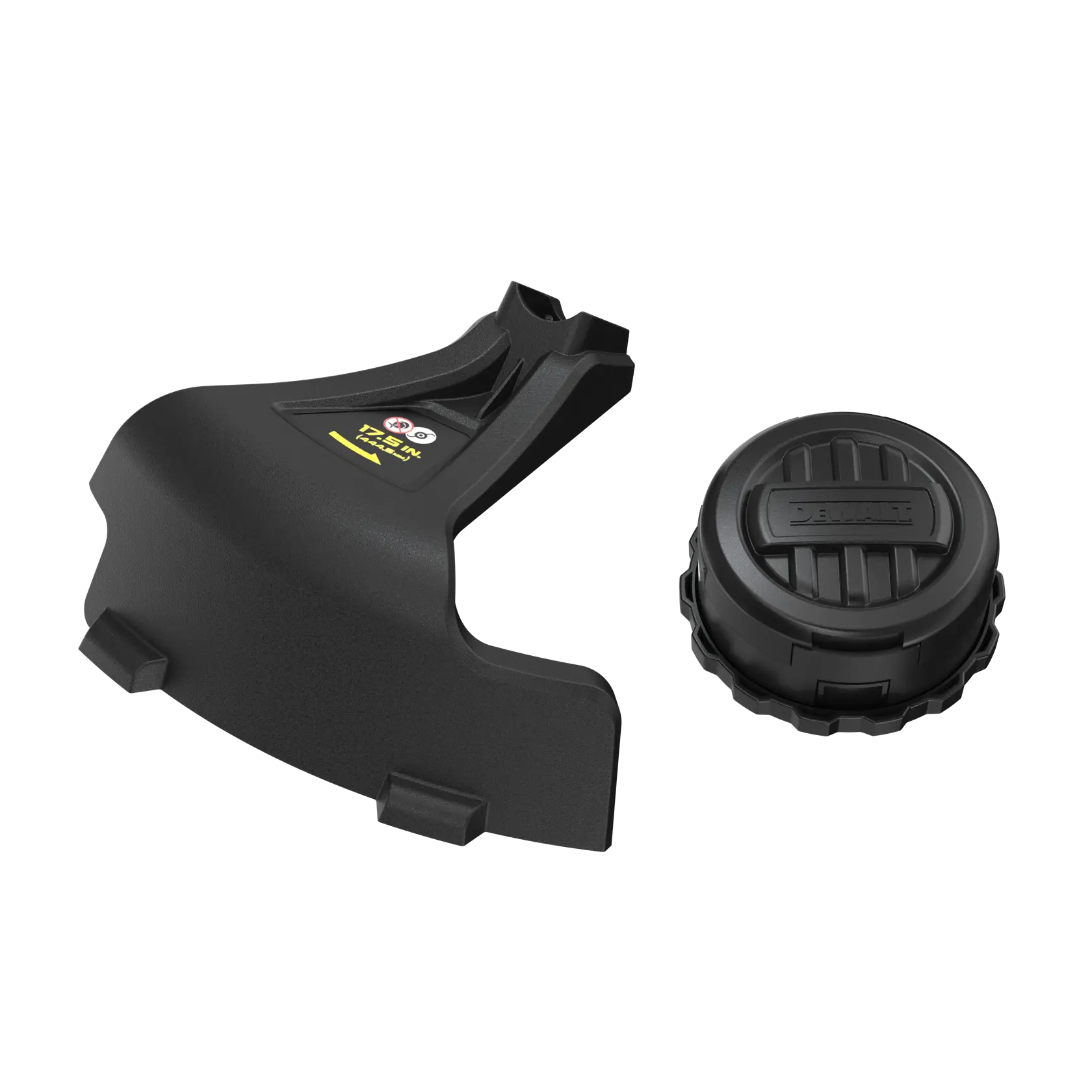 A DEWALT replacement kit including a black trimmer guard and a black trimmer spool cover, both made of durable plastic, shown on a white background.