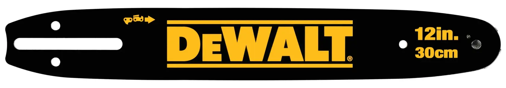 A black DEWALT chainsaw bar with yellow branding. The bar displays text indicating it is 12 inches or 30 centimeters in length.
