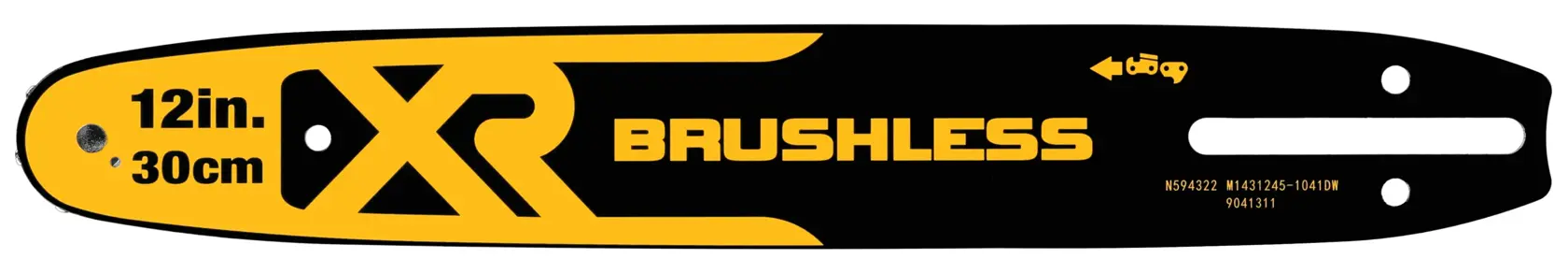 A DEWALT XR Brushless 12-inch (30 cm) chainsaw replacement bar, black with yellow branding and text.