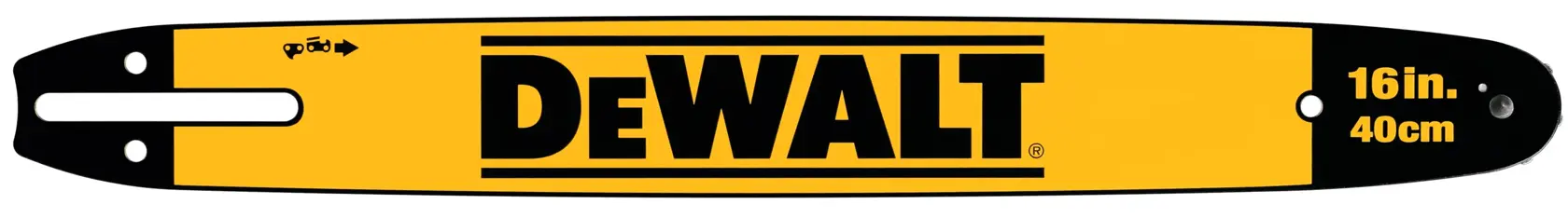 A DEWALT branded 16 inch (40 cm) yellow and black chainsaw bar.