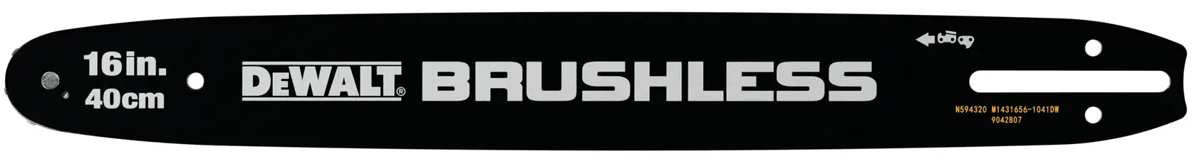 A black DEWALT brushless chainsaw bar with 16 inch (40 cm) length, featuring bold white text and mounting holes on either end.
