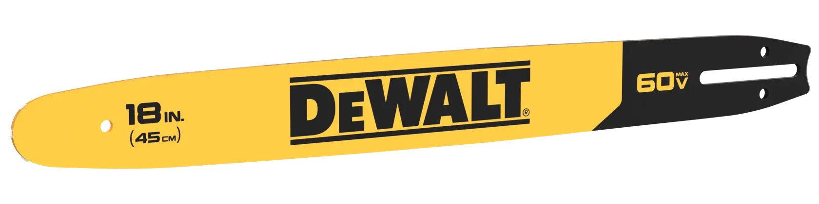 A DEWALT branded chainsaw bar, yellow and black in color, labeled with 18 inch (45 cm) and 60V max specifications.