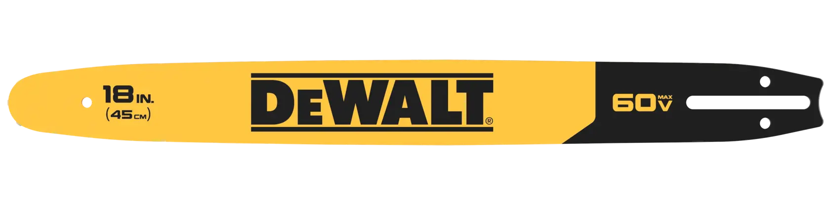 A DEWALT 18-inch (45 cm) yellow and black chainsaw bar for a 60V power tool, shown in a side view with brand and specifications clearly visible.