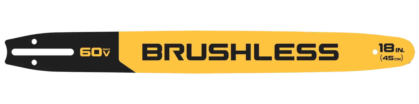 A yellow and black DEWALT brushless chainsaw bar with '60V max' and '18 in. (45 cm)' printed on it.