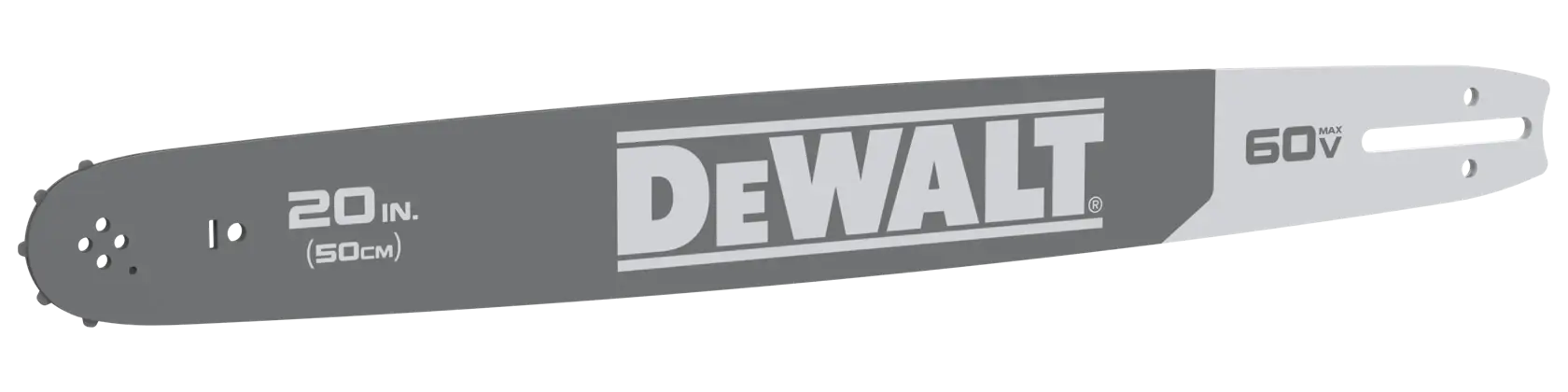 A DEWALT 20-inch (50 cm) chainsaw bar designed for use with 60V Max chainsaws, shown in a horizontal orientation against a white background.