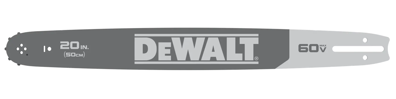 A DEWALT branded chainsaw bar, 20 inches (50 cm) in length, suitable for 60V MAX chainsaws. The bar is grey with DEWALT logo displayed prominently in the center.
