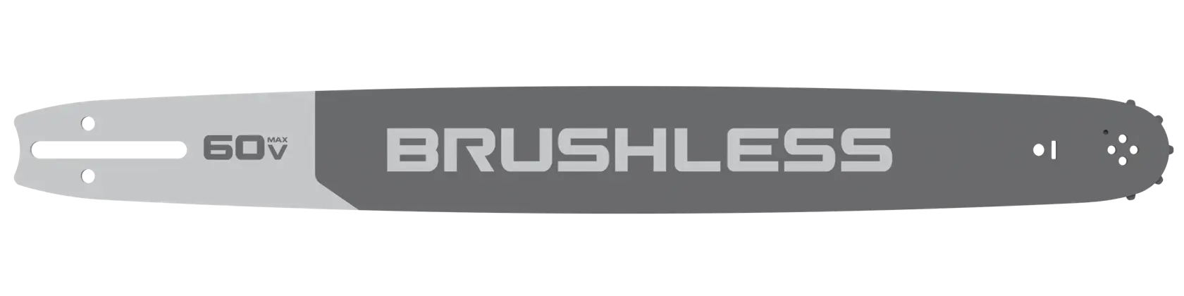A DEWALT chainsaw bar with 'BRUSHLESS' and '60V MAX' printed on it, shown against a white background.