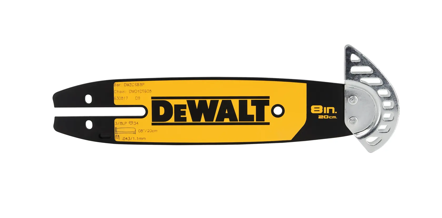 DEWALT branded chainsaw guide bar, 8 inch (20 cm), black and yellow color, with metal sprocket tip featured on the right side.