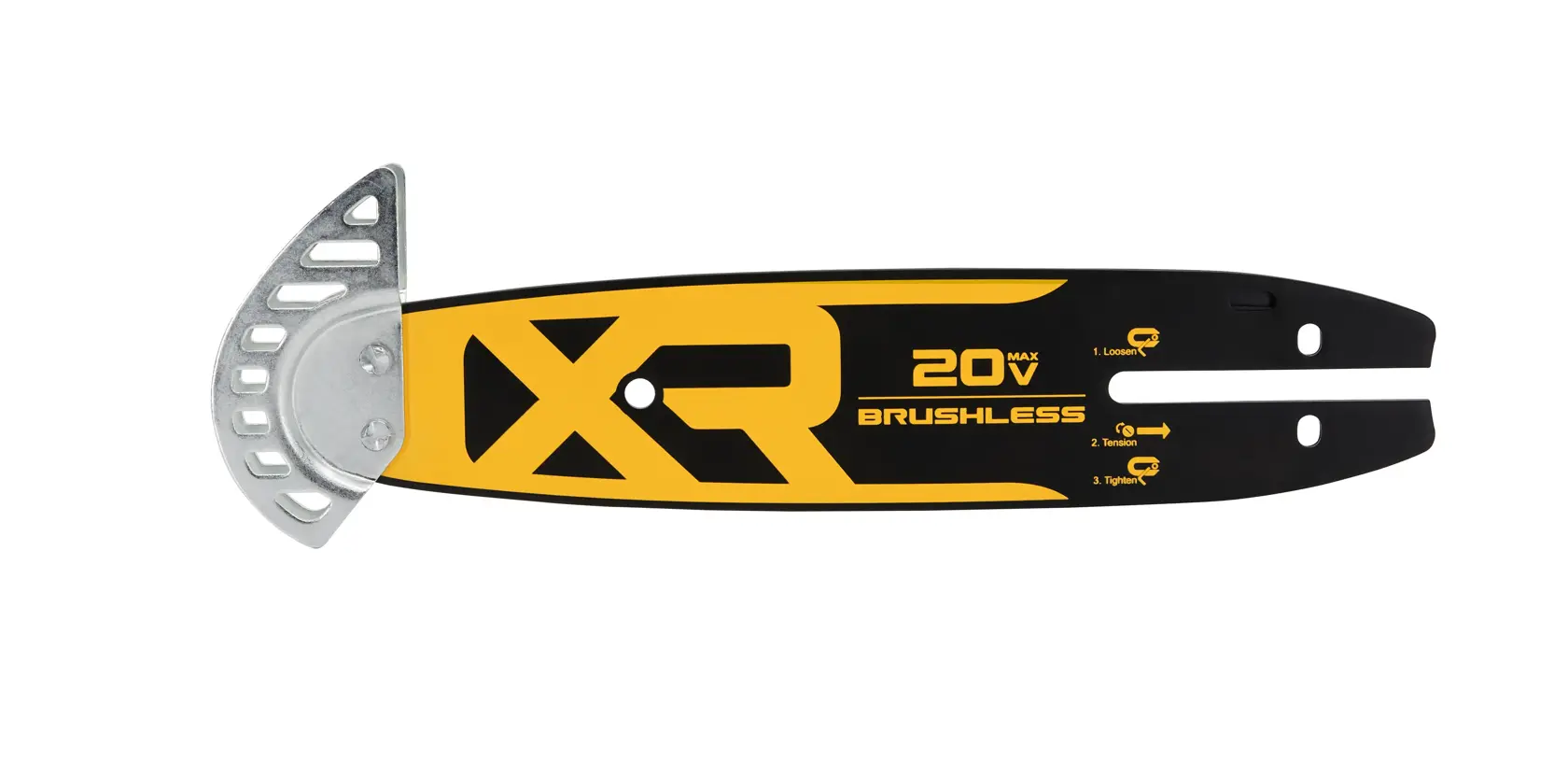 A DEWALT chainsaw guide bar with yellow and black XR branding and 20V max brushless marking. The guide bar features metal reinforcement and instructions for loosening, tensioning, and tightening.