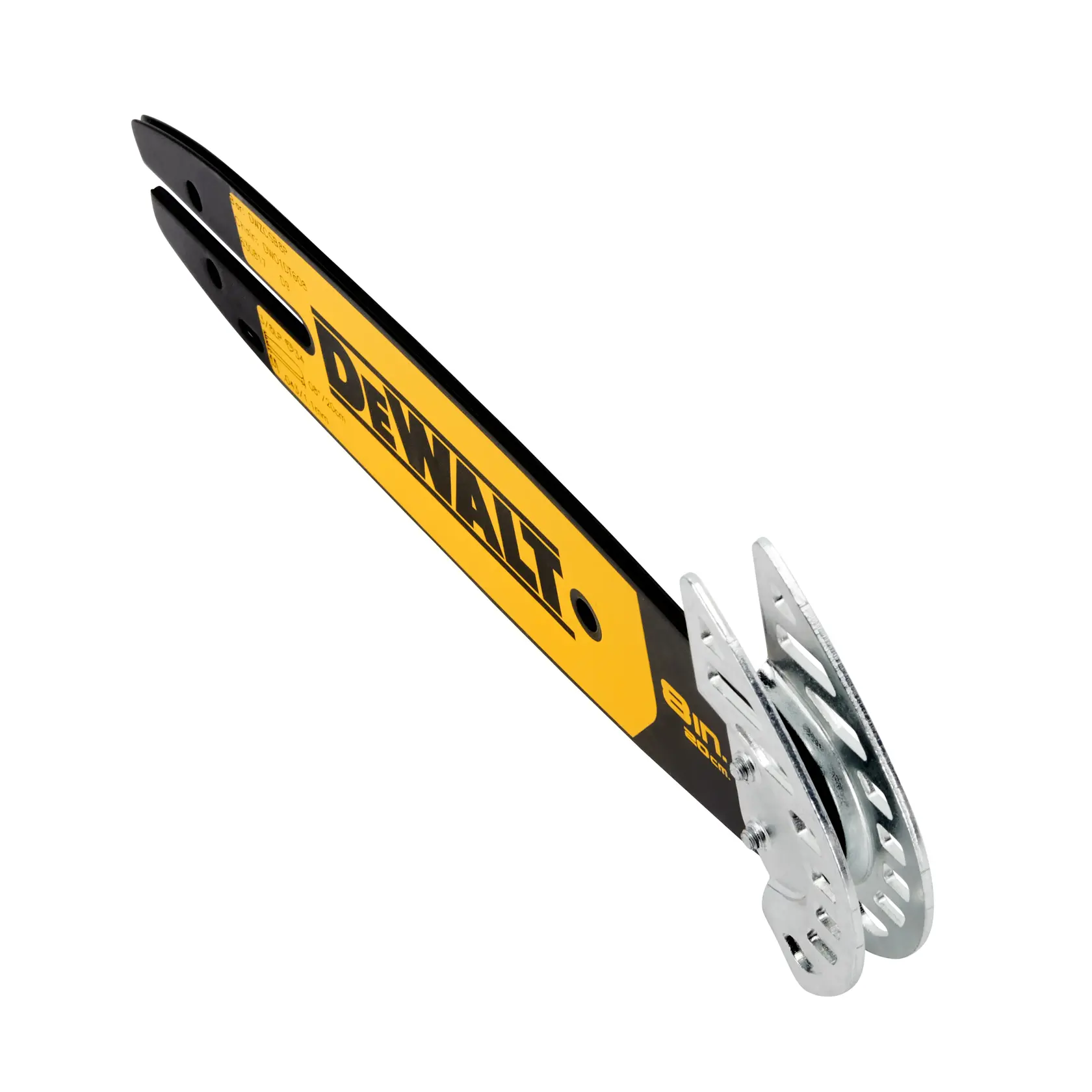 DEWALT branded yellow and black chainsaw bar with silver metal attachment, model DWZCSB8P.