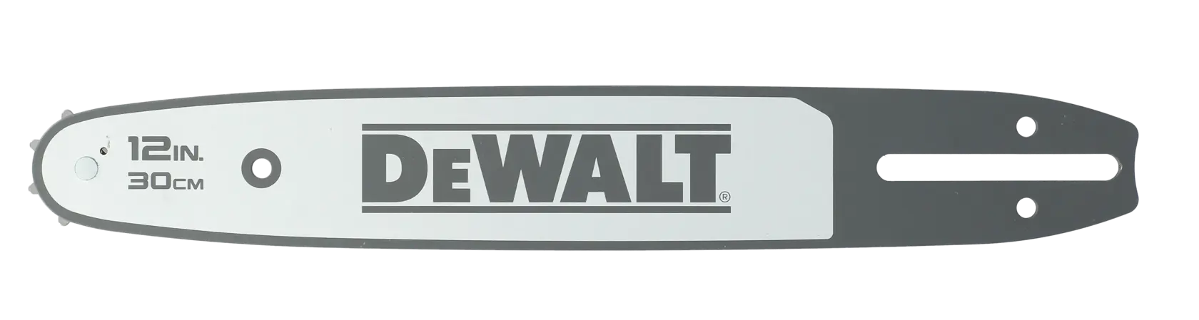 A DEWALT branded 12-inch (30 cm) chainsaw bar, shown against a white background.