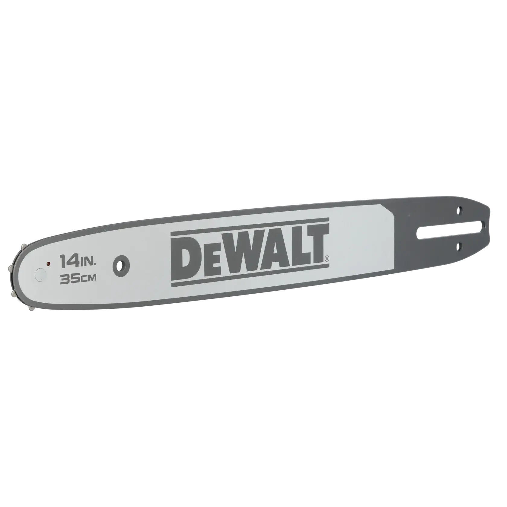 DEWALT 14 inch (35 cm) chainsaw guide bar, gray and black, with DEWALT logo and mounting holes visible.