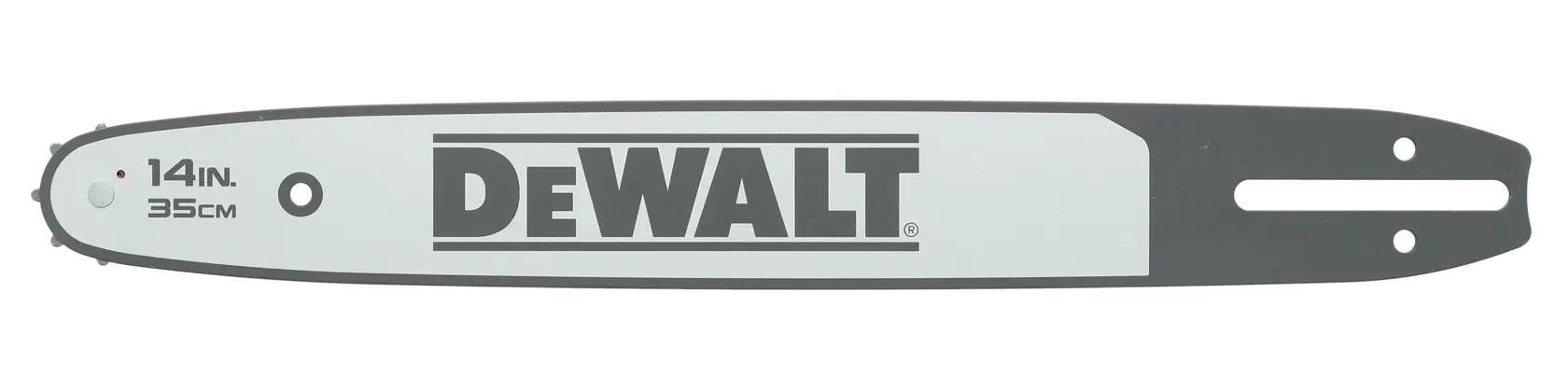 A DEWALT branded 14-inch (35 cm) chainsaw bar, grey and white in color, shown on a white background.