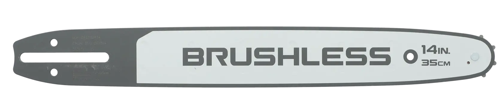A DEWALT 14-inch brushless chainsaw bar with a gray and white design, featuring 'BRUSHLESS' text and size markings in inches and centimeters.