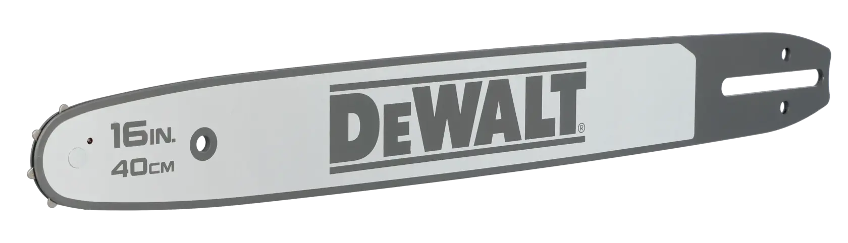 A 16-inch (40 cm) chainsaw bar with the DEWALT logo displayed prominently in the center. The bar is metallic with black detailing and mounting holes on one end.