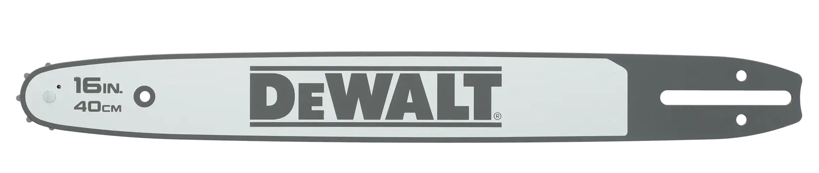 A DEWALT 16-inch (40 cm) chainsaw bar with a gray and white finish, showing the DEWALT logo and mounting holes.