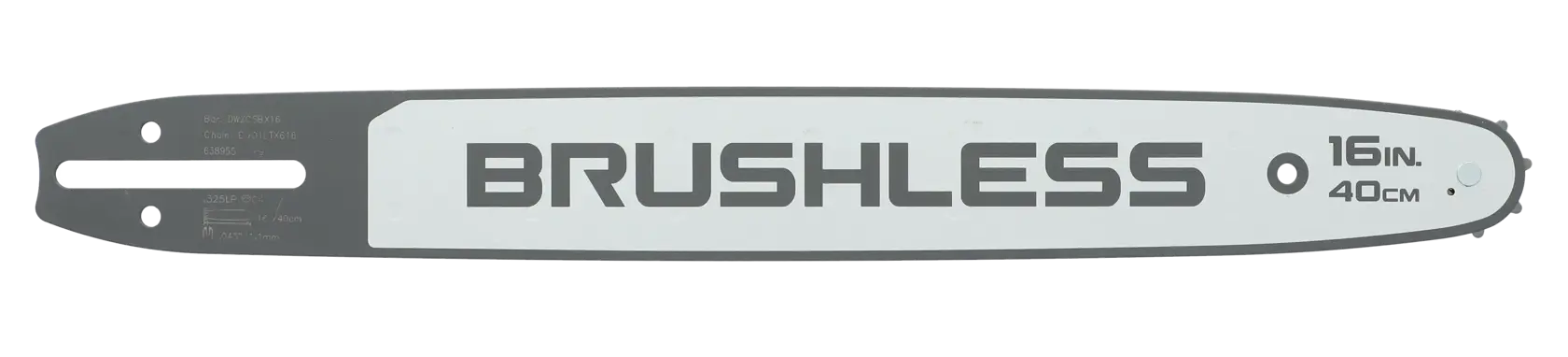 A DEWALT brushless chainsaw bar, measuring 16 inches or 40 centimeters, shown against a white background.