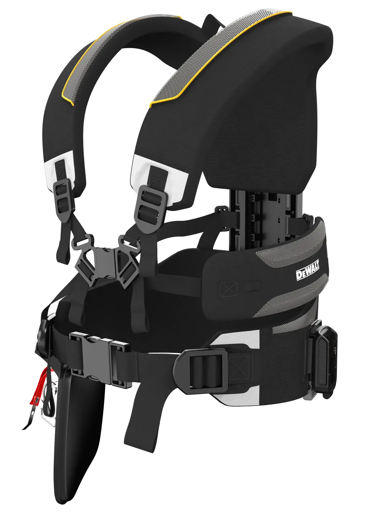A DEWALT branded wearable exoskeleton support device designed to assist with lifting and ergonomic movement. The product features padded shoulder straps, a sturdy back support, and adjustable waist and leg straps with multiple buckles.