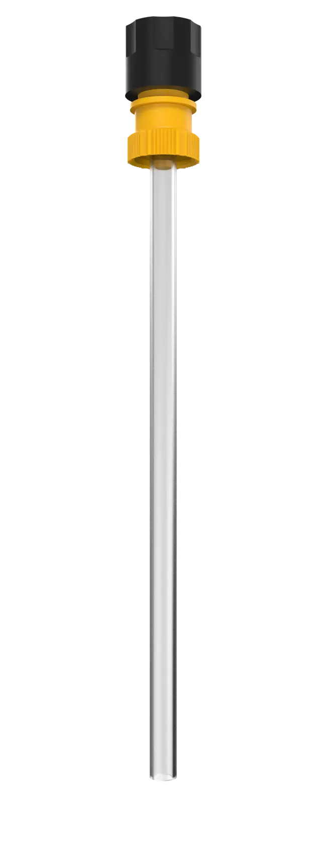 A DEWALT cylindrical accessory with a black and yellow cap attached to a long, clear tube. The product is shown against a white background.