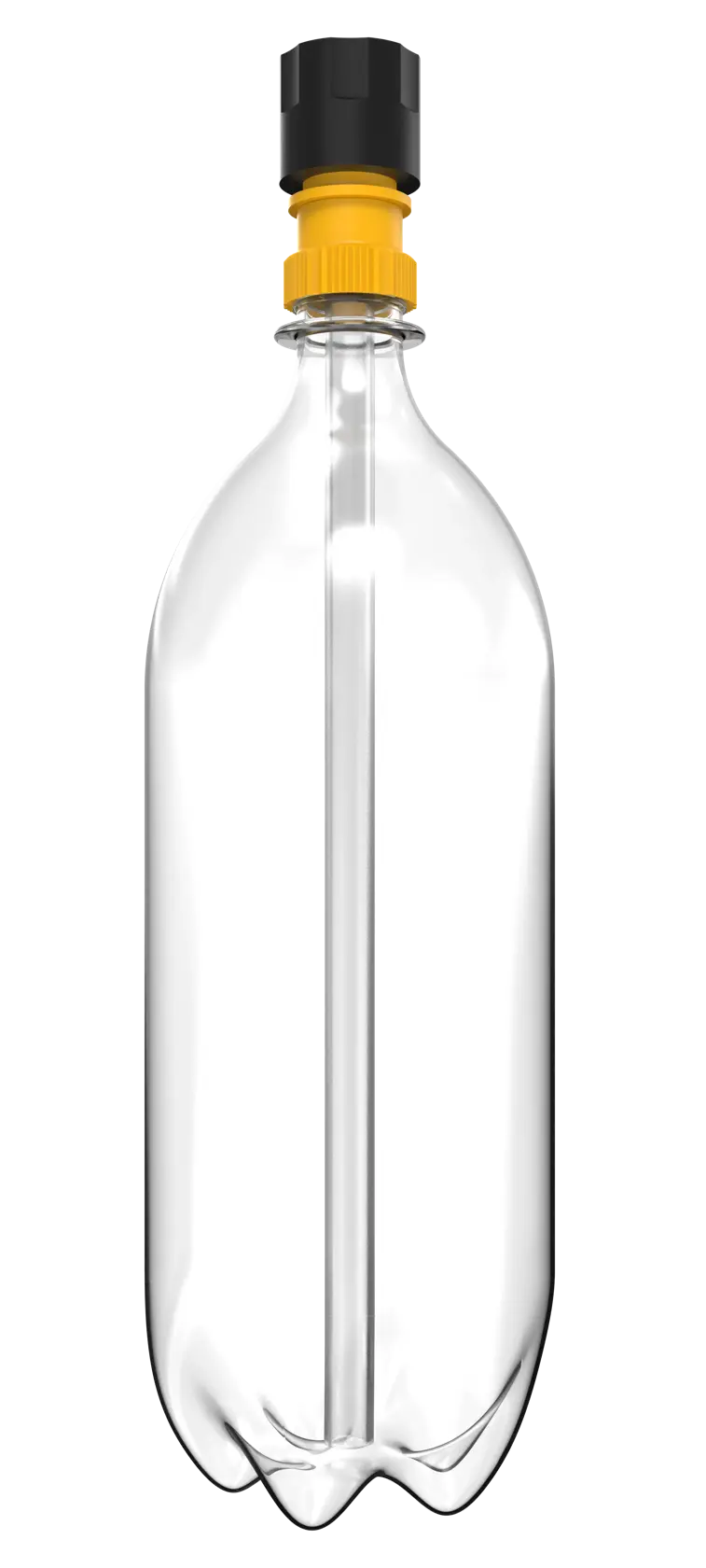 A clear plastic bottle with a yellow and black cap attachment, featuring an internal tube. The bottle is photographed against a white background.
