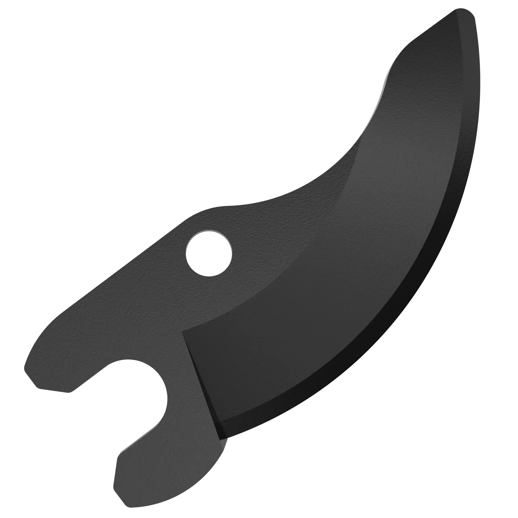 A close-up image of a curved black replacement blade for a DEWALT pruning tool, featuring a hole near the base for mounting.