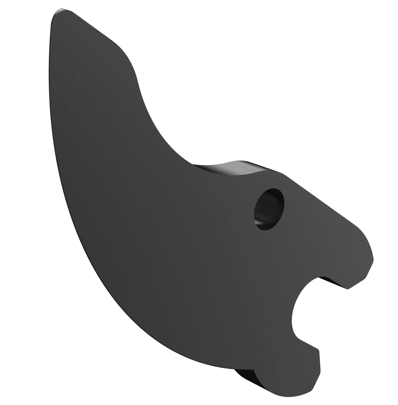 A close-up of a single black metal component with a curved shape and a hole, shown against a white background. It appears to be a specialized tool or mechanical part.