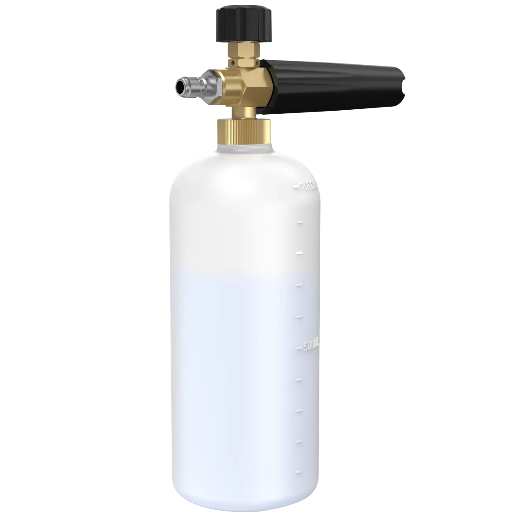 A DEWALT foam cannon bottle with brass and black fittings, designed for photography and car washing applications. The bottle shows volume markings and has a screw-on cap with a spray nozzle.