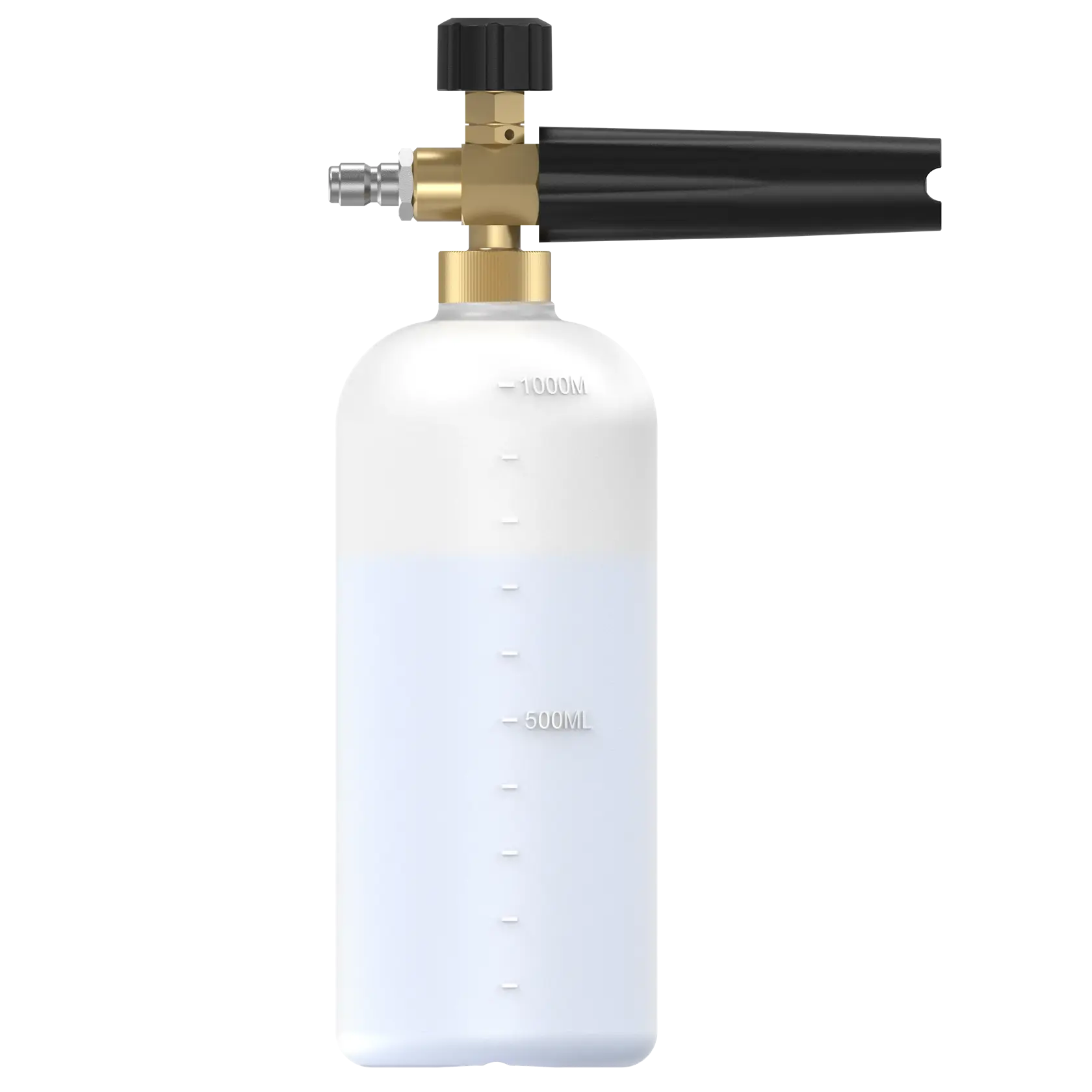 A DEWALT foam cannon for photography, featuring a transparent plastic container with measurement markings, a brass connector, and a black adjustable nozzle attachment.