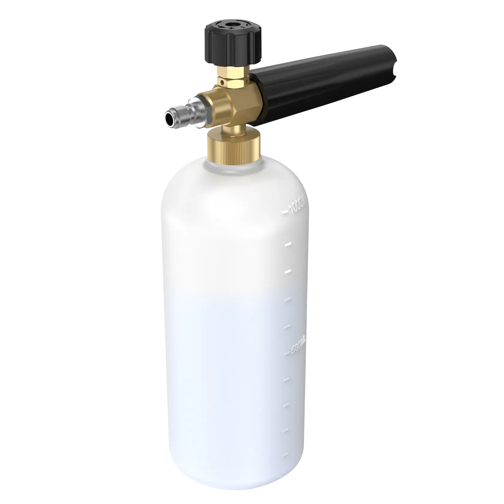 A DEWALT foam cannon attachment with a translucent white plastic bottle, brass fittings, and a black handle. The bottle has measurement markings on the side.