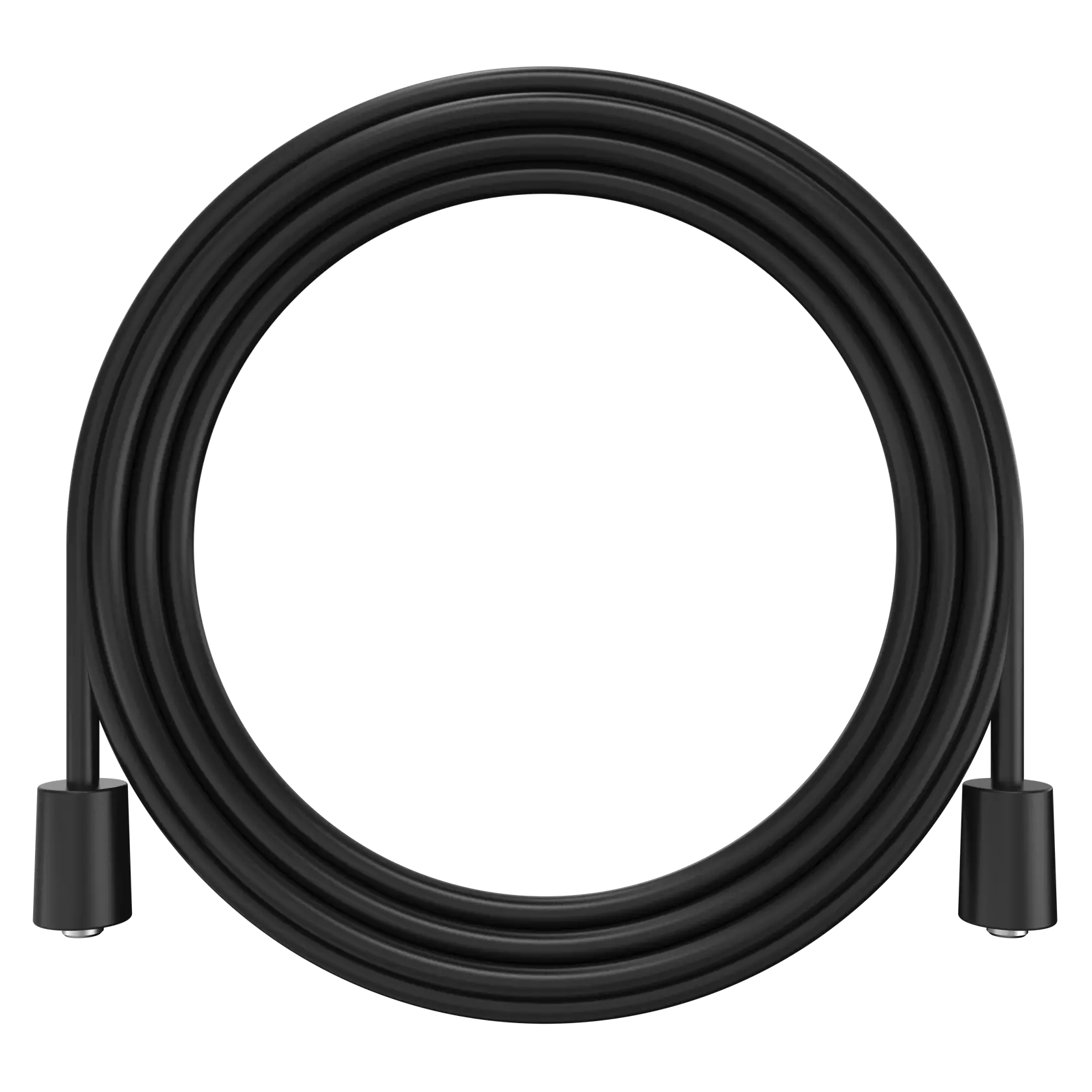 A coiled black cable with connectors on both ends, displayed against a white background.