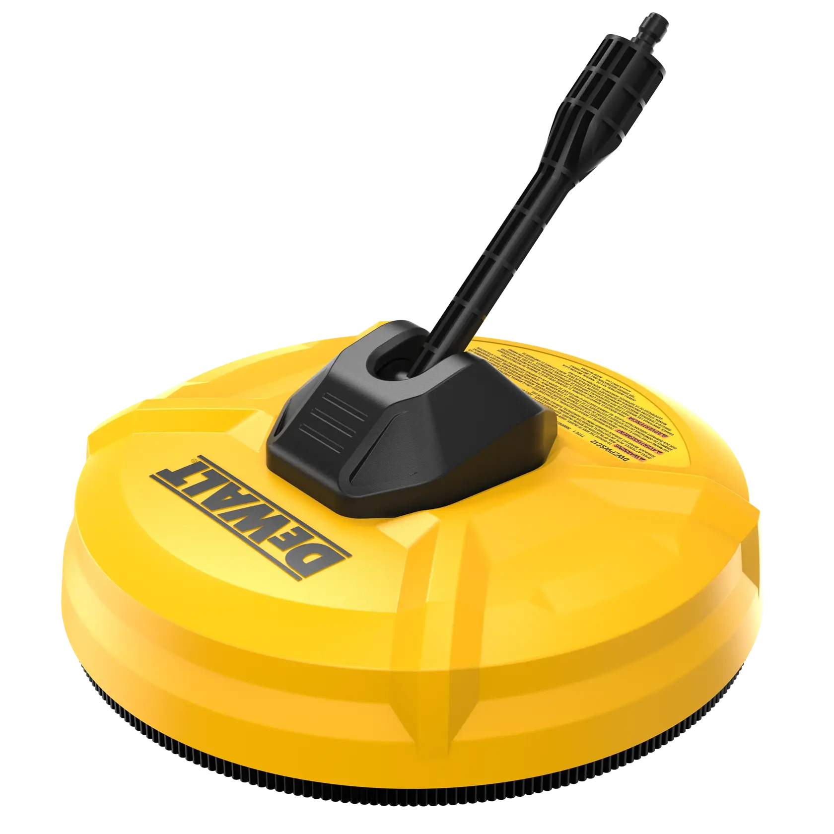 A yellow DEWALT surface cleaner accessory with a round body, black connector, and branded logo, designed for use with pressure washers.