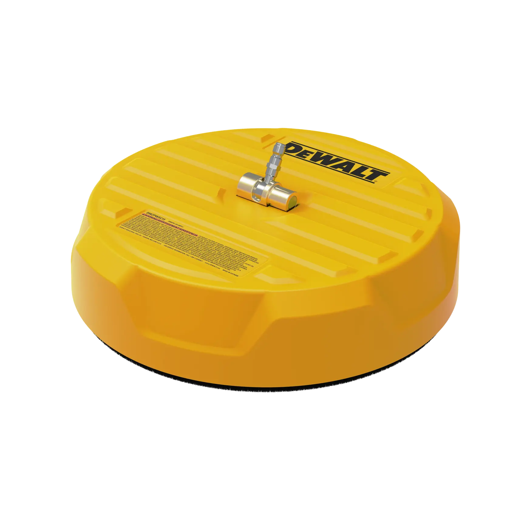 A yellow DEWALT surface cleaner attachment for a pressure washer, with a round shape and metal connector on top.