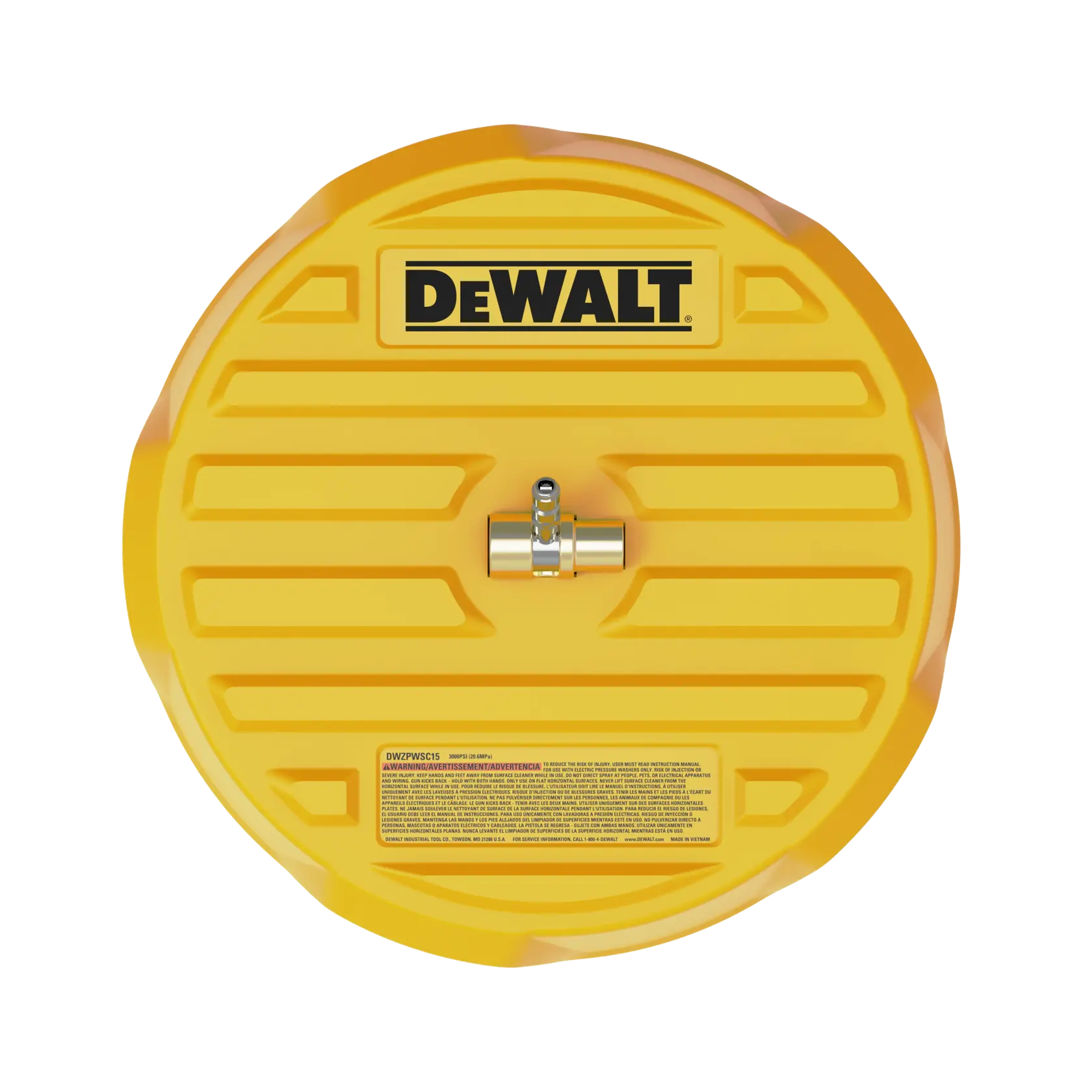 A yellow DEWALT branded circular surface cleaner attachment for a pressure washer, viewed from above. It has a central metal connector and ridged design, with a safety and usage label at the bottom.