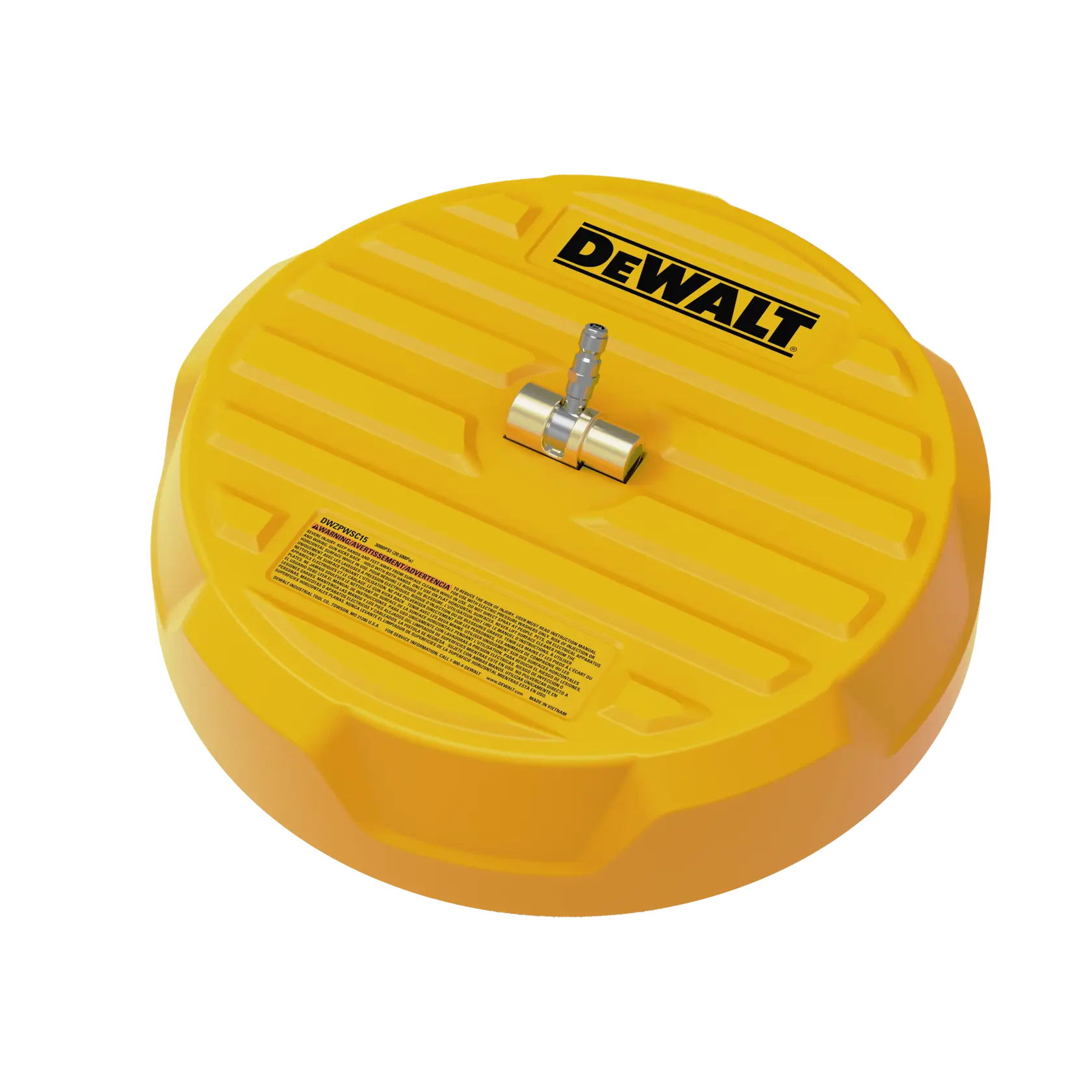A yellow DEWALT surface cleaner accessory for a pressure washer, featuring a round shape with a connector in the center and safety instructions printed on the side.