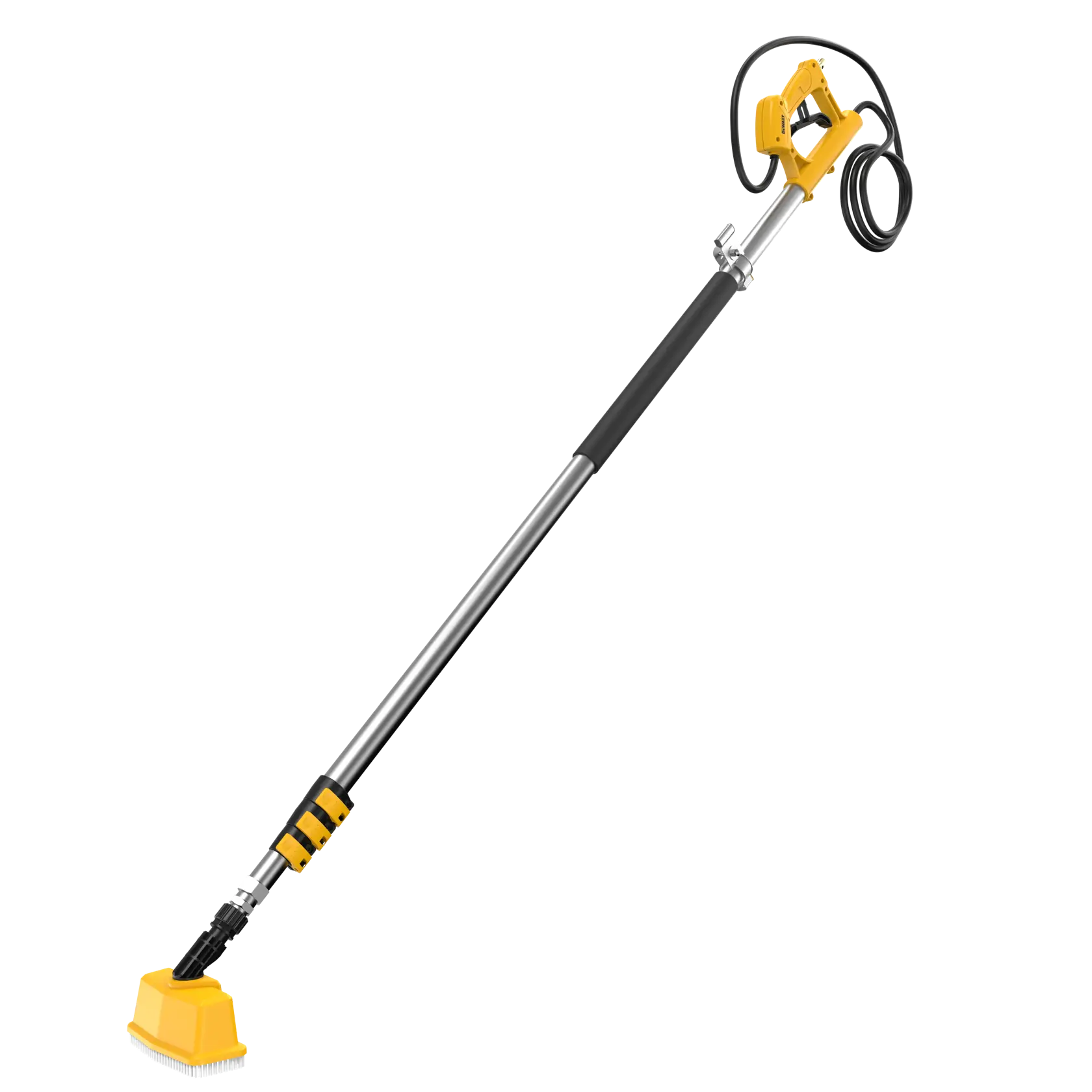 A DEWALT long-handled electric cleaning brush with a yellow motor housing, a metal telescopic pole, and a yellow brush head, designed for reaching and cleaning hard-to-access areas.