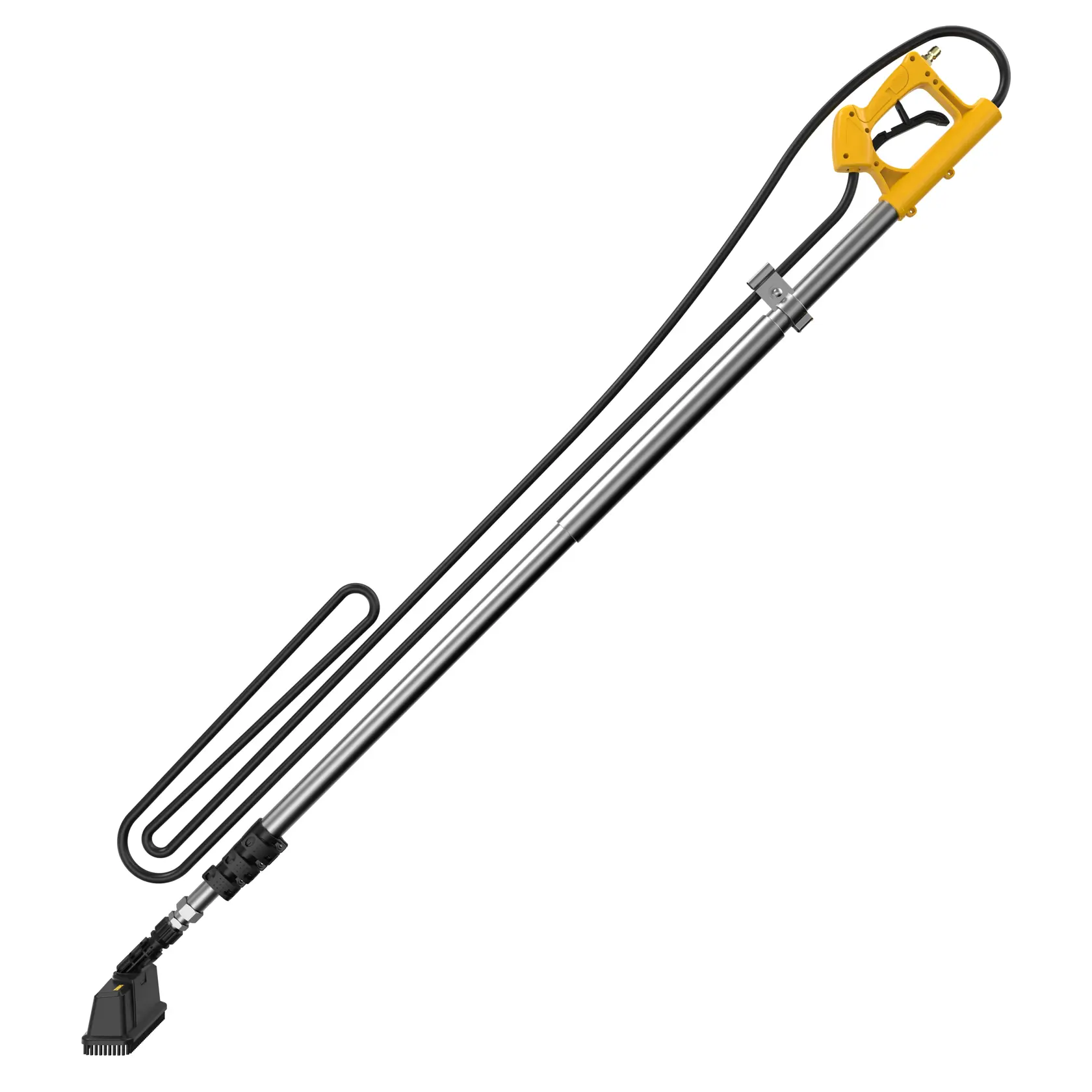 A DEWALT telescopic pressure washer wand with a yellow handle and long metal tube, attached to a spray nozzle. The flexible hose runs along the wand for connection to a power washer.