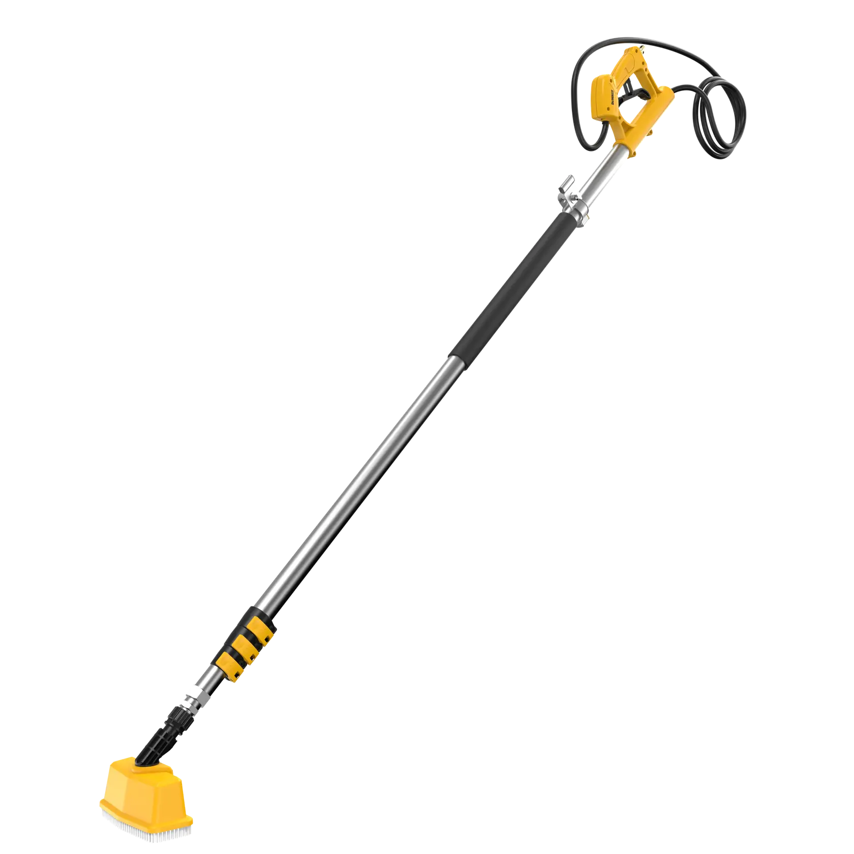 A long-handled electric cleaning brush with a yellow head and handle, featuring a telescopic metal pole and a power cord attached.