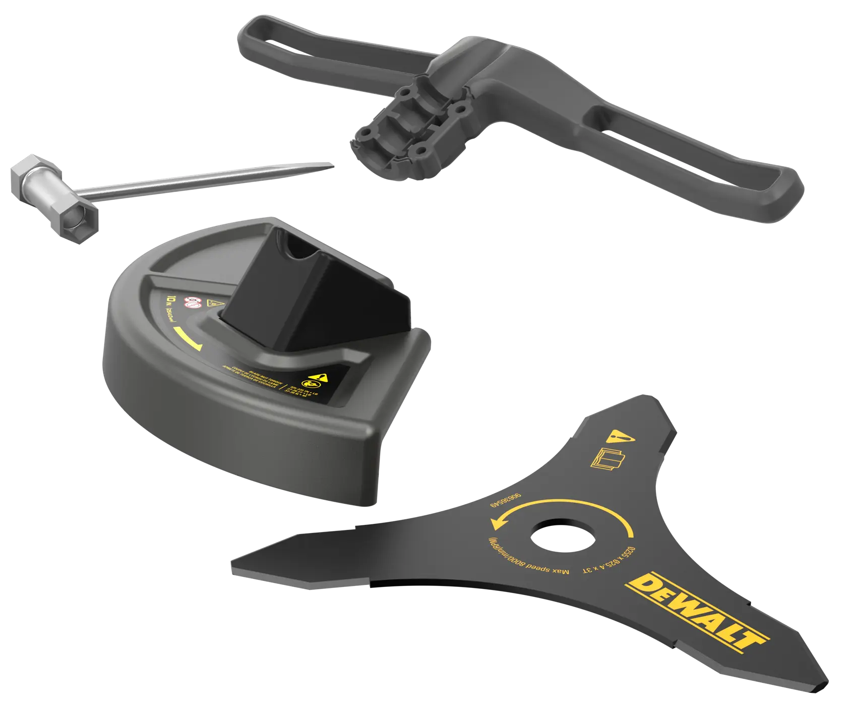 A set of DEWALT photography accessory parts including a protective guard, metal blade, mounting bracket, and a tool with a hex head, all displayed against a white background.
