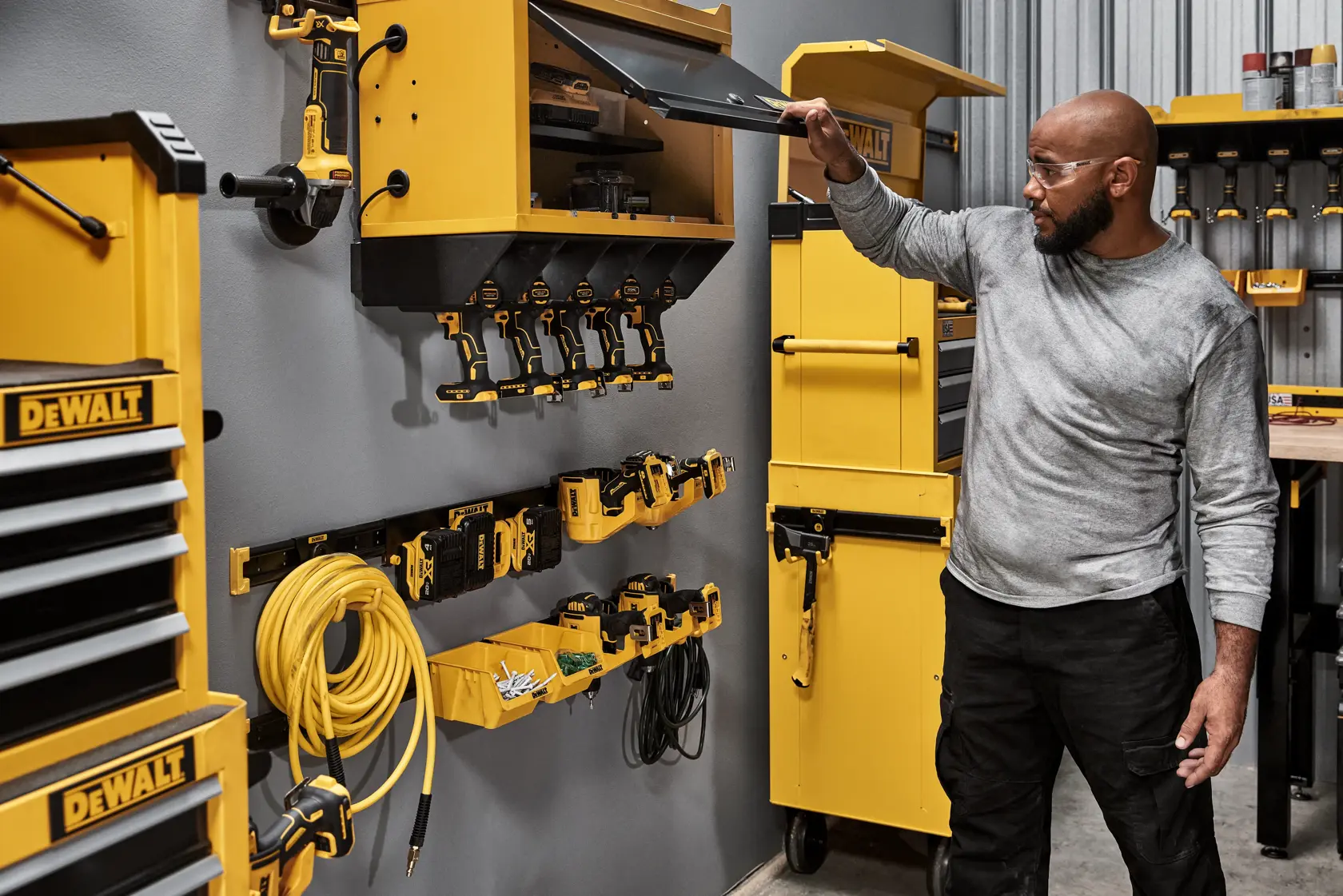 A person in a workshop is opening a yellow DEWALT storage cabinet mounted on the wall. The workspace is organized with several yellow and black DEWALT power tools, tool storage units, and accessories neatly arranged on the walls and on a mobile tool chest. The person’s face is blurred.