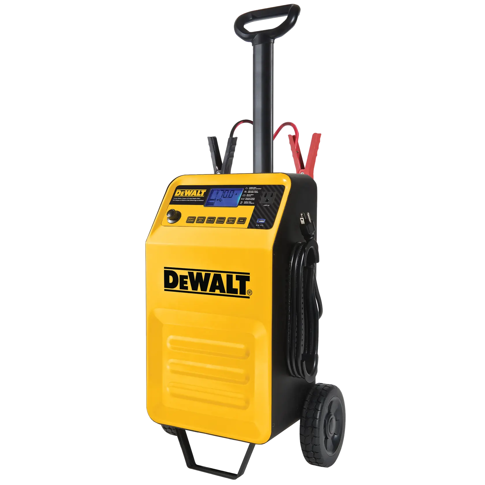 A yellow and black portable DEWALT battery charger and jump starter with wheels, handle, and attached cables featuring clamps and a digital display screen.