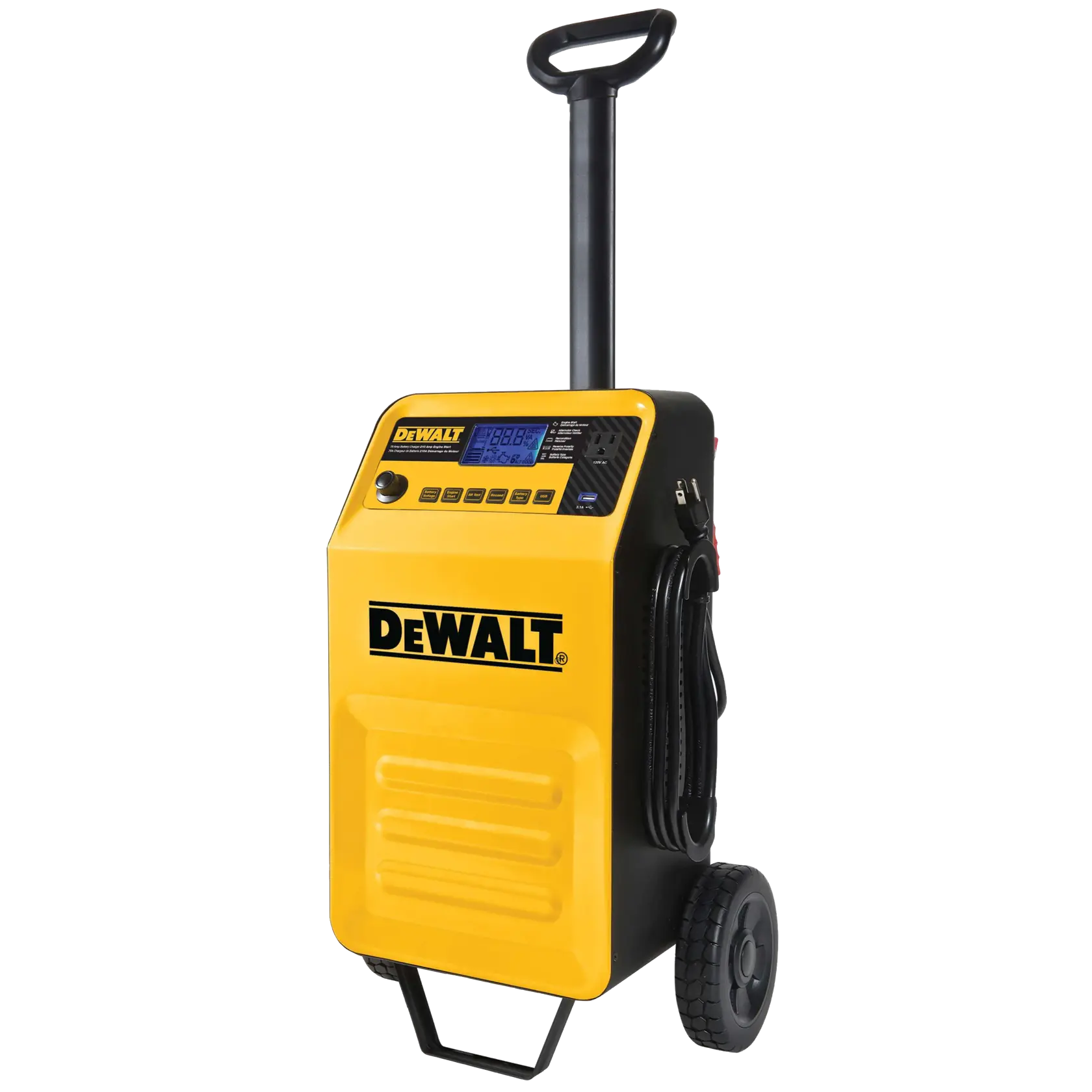 A DEWALT DXAEC210 portable battery charger and engine starter, featuring a yellow and black design with wheels and a telescoping handle.