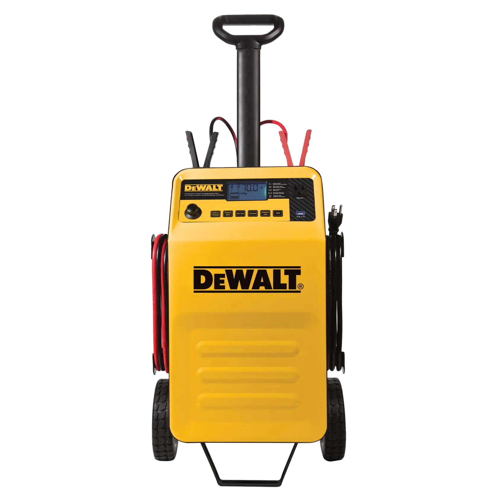 A yellow DEWALT wheeled battery charger and engine starter with digital display, control buttons, cables, and a handle for portability.