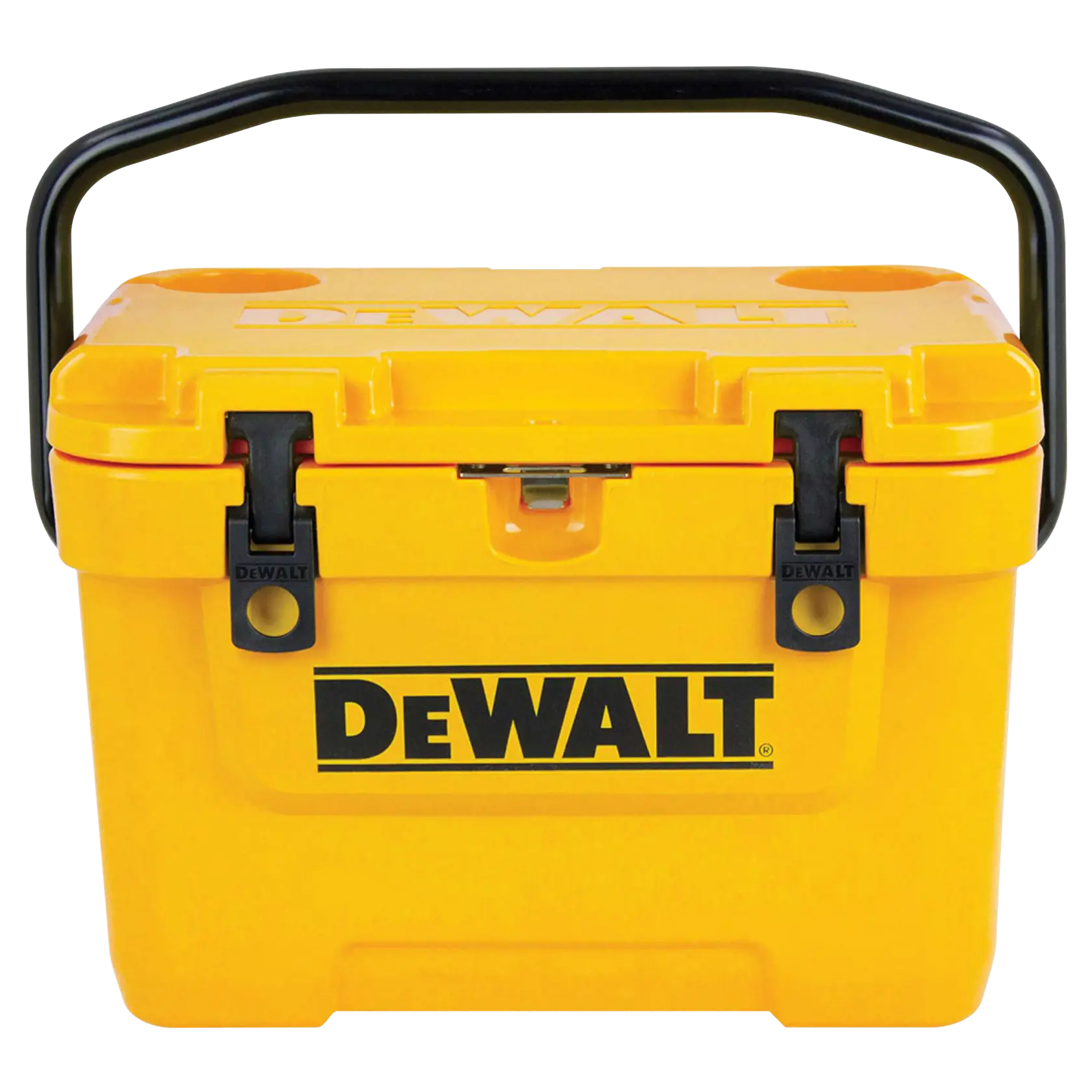 A yellow DEWALT cooler box with a black handle and black latches on the front.