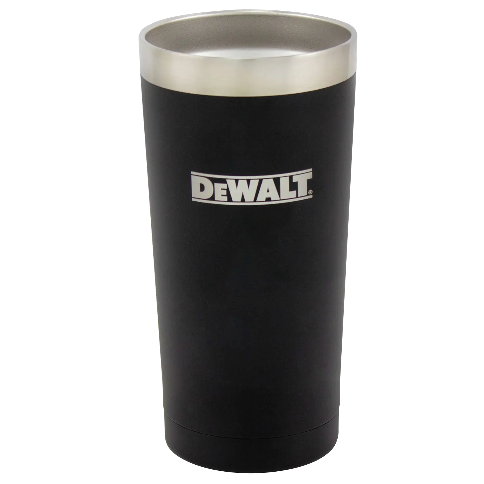 A black stainless steel tumbler with a silver rim and the DEWALT logo printed on the front.