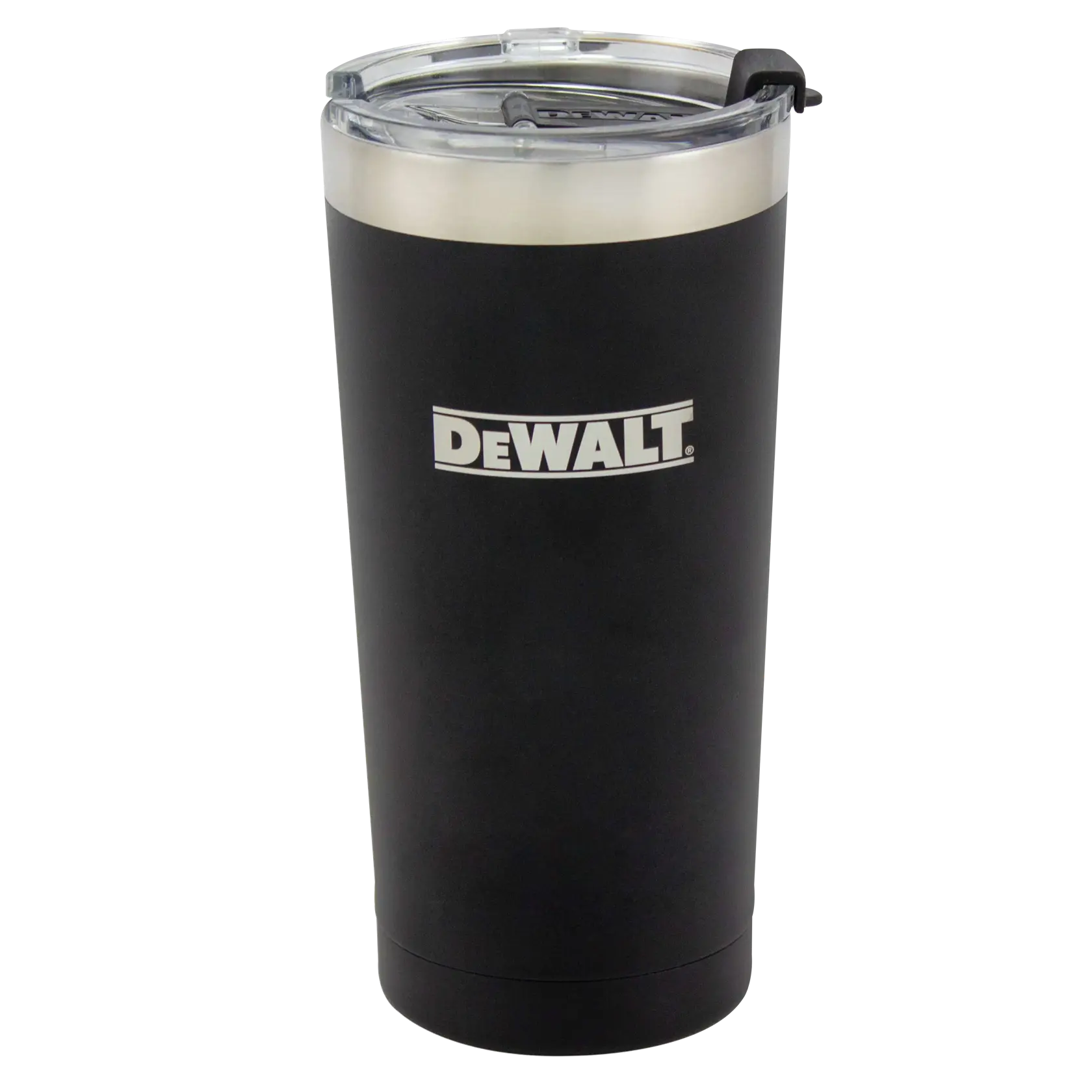 A black insulated tumbler with a transparent lid, featuring the DEWALT logo in white on the front.