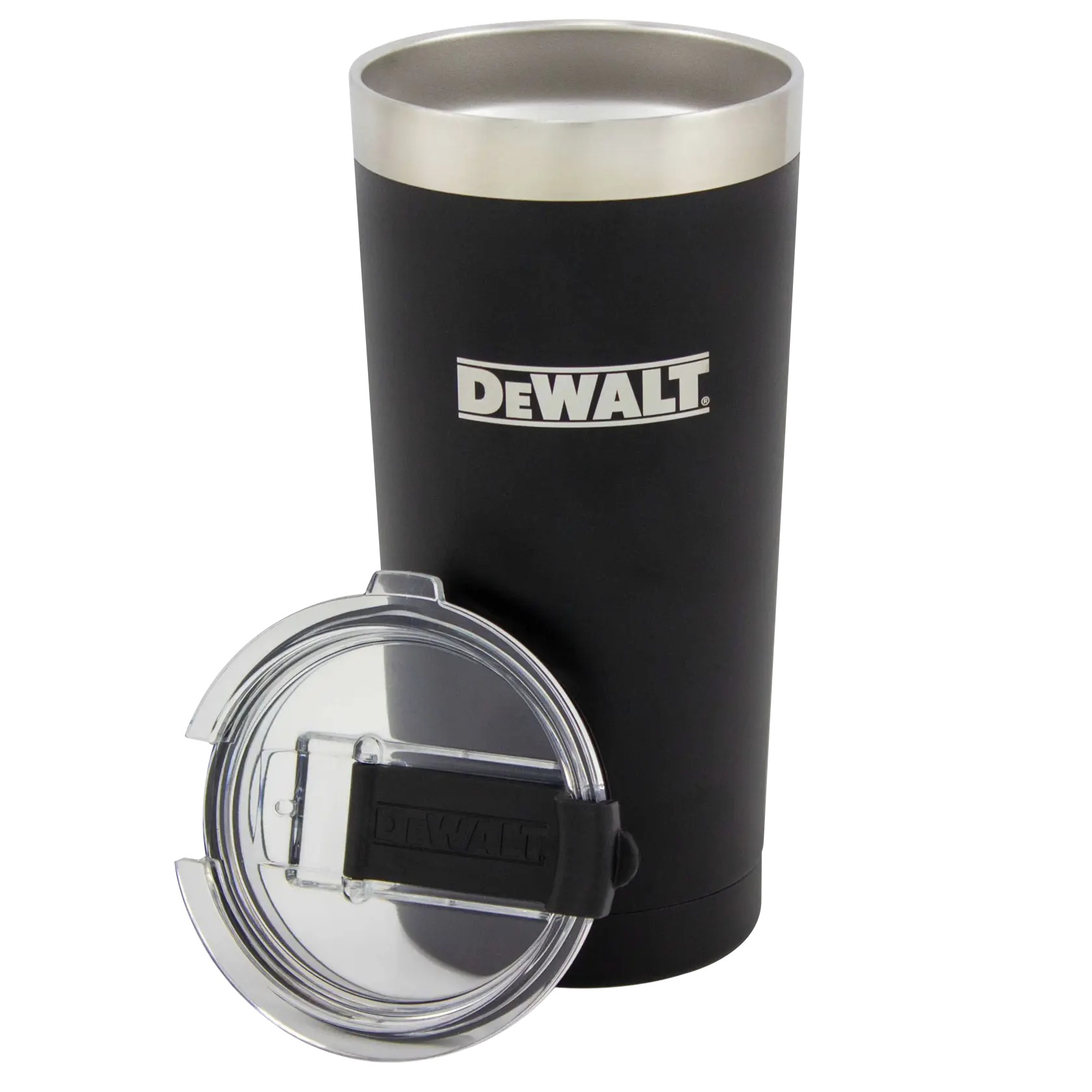 A DEWALT-branded black stainless steel travel tumbler with a removable, clear plastic lid placed in front of it.