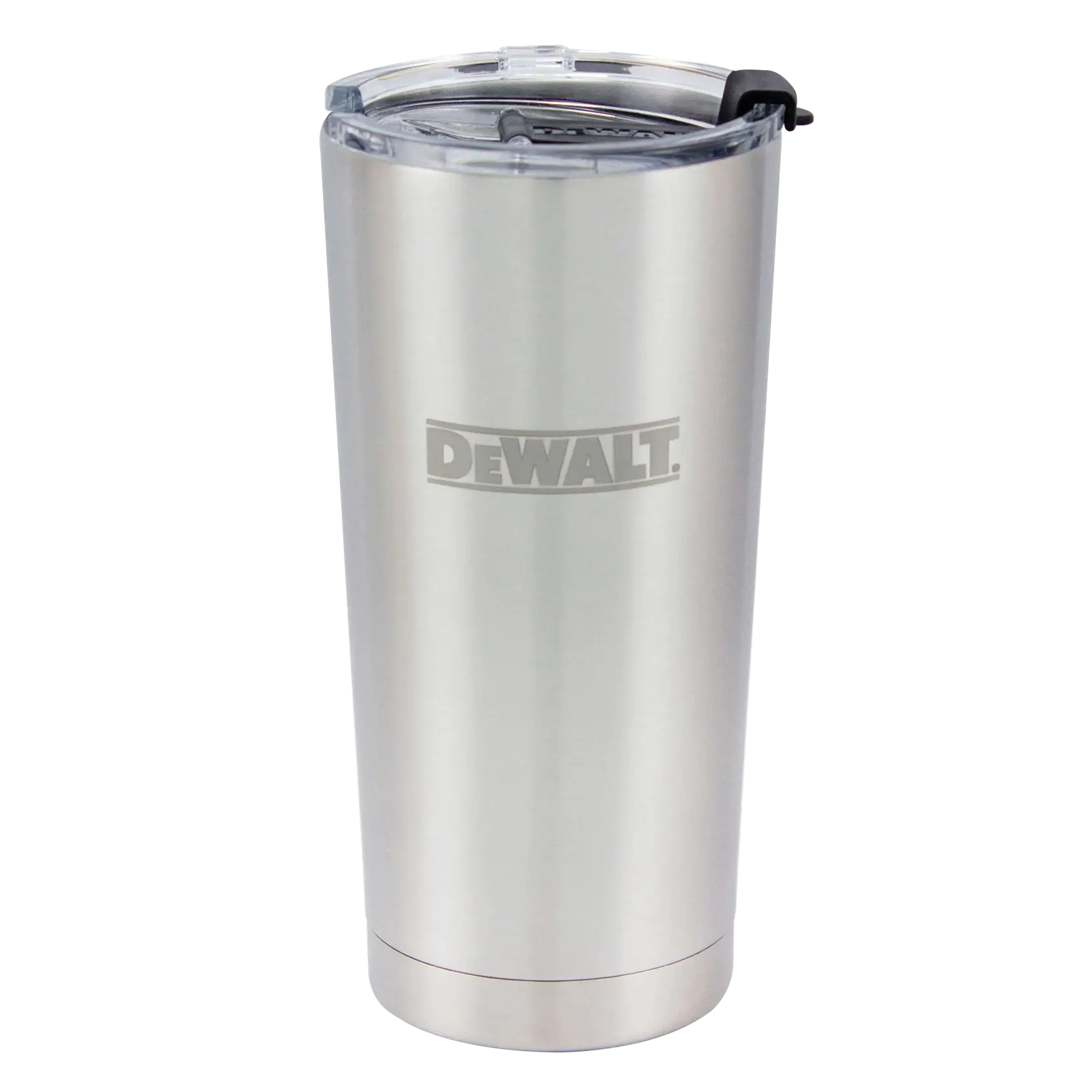 A stainless steel insulated tumbler with a clear plastic lid and the DEWALT logo on the front.